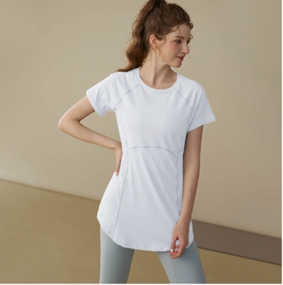 外贸2024新款瑜伽服女中长款遮臀显瘦短袖T恤跑步运动上衣健身服