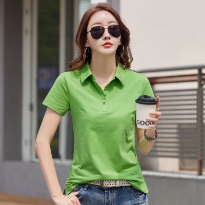 夏季2025新款翻领短袖T恤女装纯棉韩版宽松纽扣Polo衫紫色外货源