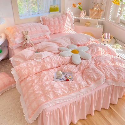 韩系ins风纯色水洗棉泡泡纱四件套少女心床单被套学生宿舍三件套