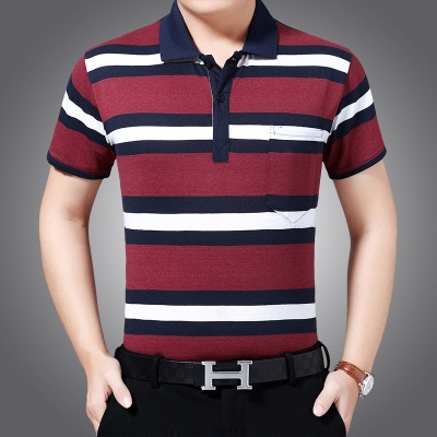 男士短袖T恤衫条纹翻领宽松休闲T恤商务休闲半袖T恤厂家直销