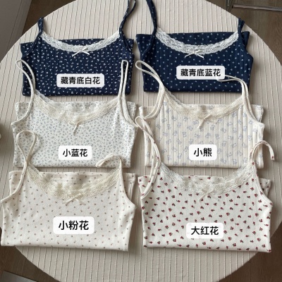 BM夏季纯欲性感碎花蕾丝蝴蝶结吊带背心女时尚修身显瘦内搭上衣