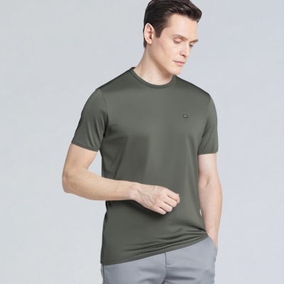 男式男装桑蚕丝T恤舒适天丝圆领短袖中老年男装爸爸装夏