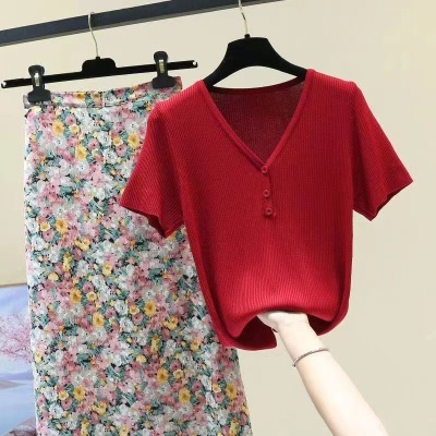 冰丝短袖t恤女针织衫2023夏季新款潮百搭薄款V领显瘦打底上衣外穿