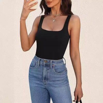 跨境欧美女t恤2024新款夏季时尚无袖马甲方领背心修身螺纹短上衣