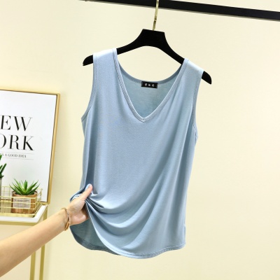 莫代尔V领背心女夏季薄款大码宽松无袖上衣可外穿T恤休闲打底衫