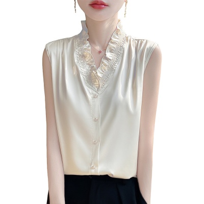 gao级感缎面木耳边背心吊带女v领夏季无袖上衣气质内搭衬衣打底衫