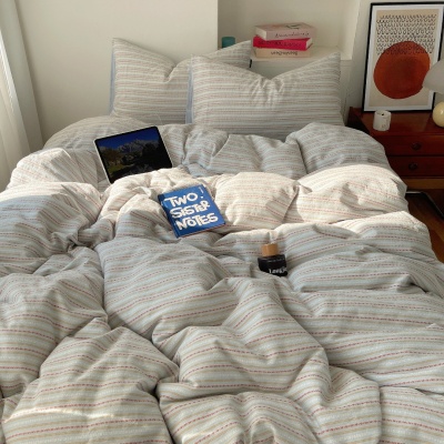 春秋条纹全棉四件套色织提花水洗纯棉被套床单宿舍三件套床上用品