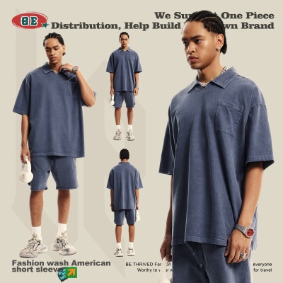 BE男装2025春夏水洗翻领短恤青少年宽松型度假风古巴领短恤t恤男