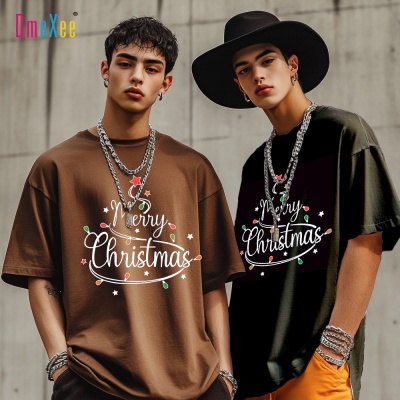 夏季跨境新款男装圣诞树图案印花短袖男士上衣宽松潮美式休闲T恤