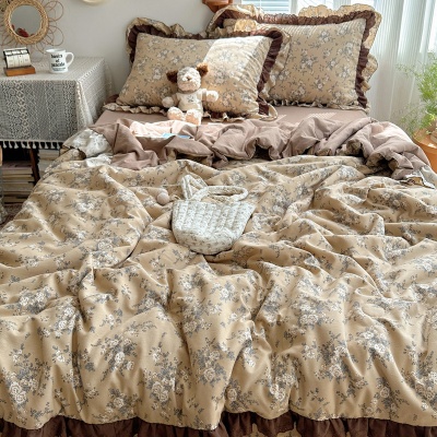 新款复古风双层纱水洗棉夏被四件套床单床笠款床品花边空调被薄被