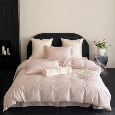 高端100S长绒棉精密刺绣四件套 少女心粉色纯棉被套床单床上用品