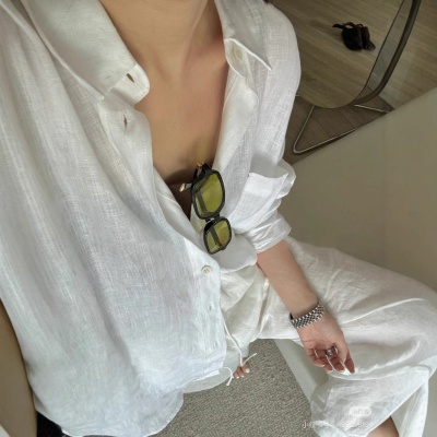 新款法式度假100%纯亚麻衬衣简约百搭慵懒宽松显瘦长袖衬衫女5401