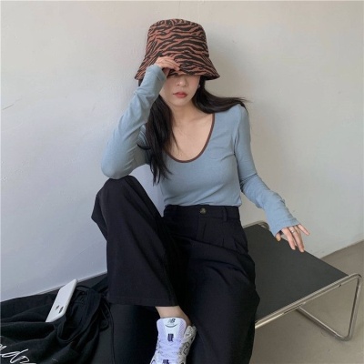 纯欲风性感大U低领打底衫女2025春季内搭长袖t恤修身正肩茶艺上衣