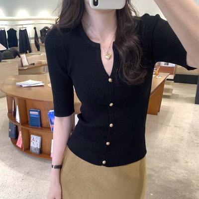 中袖V领内搭打底衫针织开衫女2025春夏新款内搭高级感修身短上衣