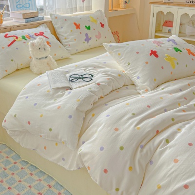 奶油风A类全棉双层纱四件套纯棉被套毛巾绣100床单床笠少女心床品