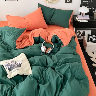 日式无印水洗棉四件套裸睡良品床单被套学生宿舍床上三件套床笠款