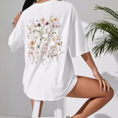 跨境外贸宽松棉T恤衫女清新卡通印花短袖透气短袖上衣宽松大码T