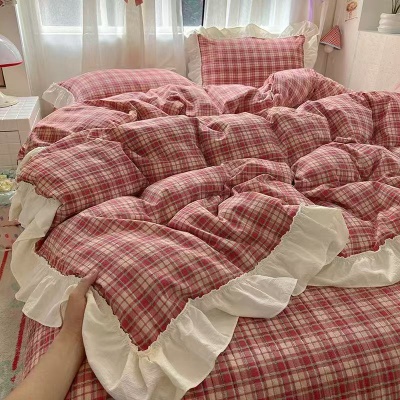法式公主风皱皱纱床盖四件套复古格子荷叶花边被套夹棉床盖三件套