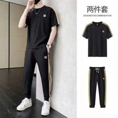 男士2024夏季新款休闲冰丝套装男款潮流帅气T恤+短裤运动两件套装