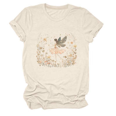 欧美ebay独立站时尚趣味个性女装圆领女孩精灵 花朵 叶子短袖T恤