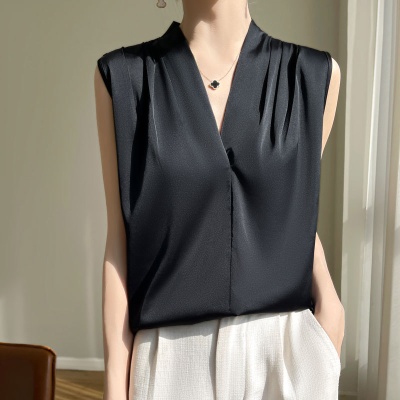 缎面仿真丝v领吊带背心女夏季西装内搭无袖衬衣挂脖纯色上衣批代