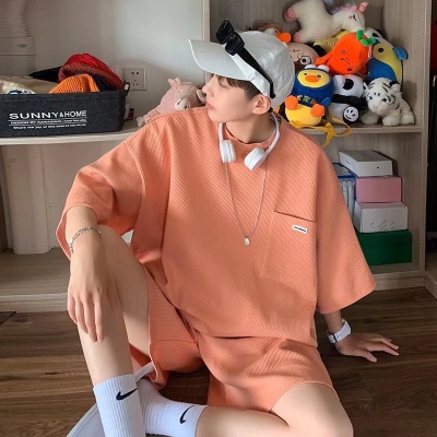 套装~子俊潮牌华夫格短袖T恤宽松半袖直筒阔腿休闲五分裤运动套装