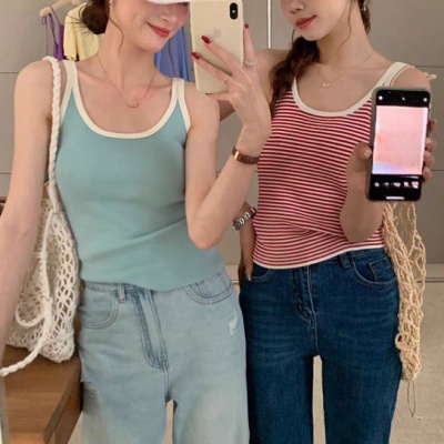春夏内搭撞色条纹修身百搭外穿针织背心韩版打底螺纹棉带胸垫吊带
