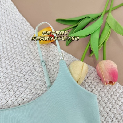 2025款夏季纯欲褶皱细肩带可调节珍珠设计吊带背心女收腰显瘦内搭