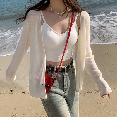 红色冰丝防晒针织开衫女夏天轻薄款小披肩外搭配吊带薄纱外套上衣