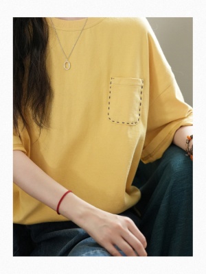 阳光口袋|手缝细节宽松休闲圆领T恤25夏季新款短袖上衣女装