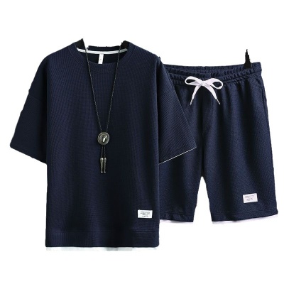 华夫格T恤男士短袖冰丝夏季搭配一套装帅气休闲运动衣服裤薄款