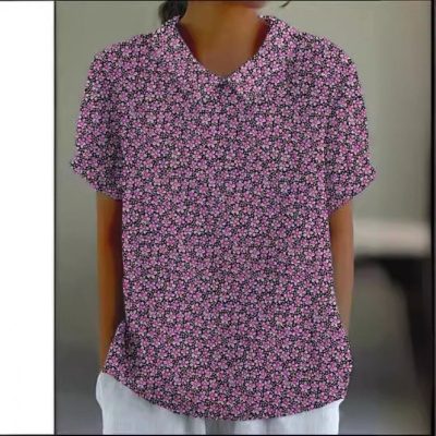 跨境外贸2024夏季女装新款亚马逊宽松印花圆领休闲大码套头女装T