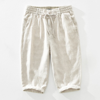 1626男士亚麻休闲裤抽绳松紧腰长裤宽松透气麻料七分裤子一件代发