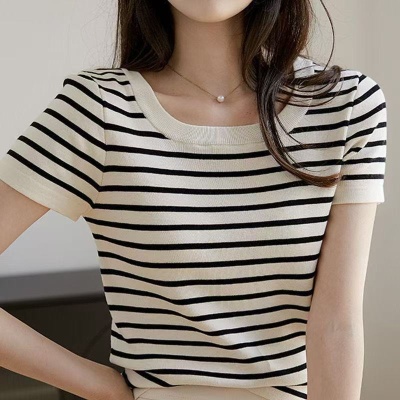 黑白条纹正肩短袖T恤女夏季薄款法式高级感针织衫小个子上衣女装