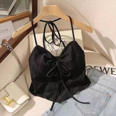 纯欲性感蕾丝挂脖绑绳吊带蝴蝶结设计感辣妹带胸垫抹胸美背上衣女