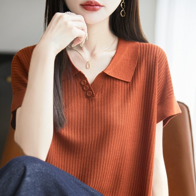 莱赛尔天丝POLO领短袖女宽松休闲t恤衫半袖透气薄款法式女装上衣