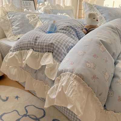 法式全棉床上四件套韩版花边纯棉被套床单被罩三件套南通家纺床品