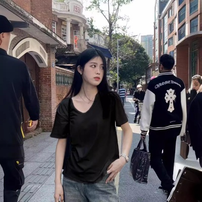 慵懒纯棉正肩白色v领短袖t恤女夏季内搭打底衫宽松显瘦体恤上衣