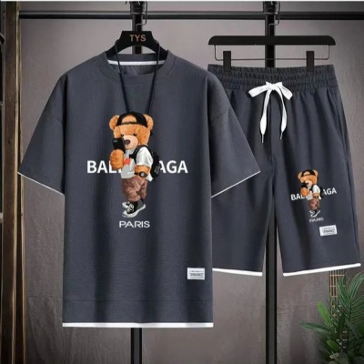 华夫格短袖t恤男士休闲运动套装批发夏季宽松假两件半袖T恤两件套