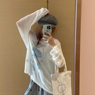 小众印花长袖防晒罩衫T恤女夏季设计感个性可爱宽松百搭薄款上衣