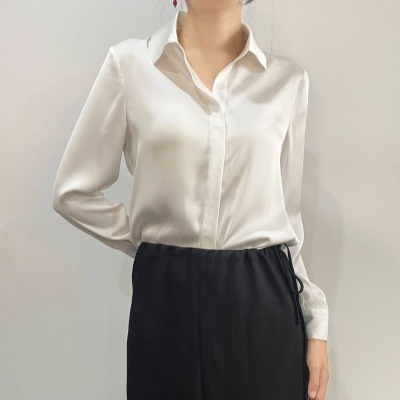 2023秋季新款缎面仿醋酸气质通勤内搭上衣翻领垂感长袖女式衬衫