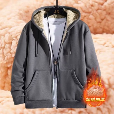 秋冬季羊羔绒外套男重磅加绒加厚男士卫衣黑色上衣青少年连帽开衫