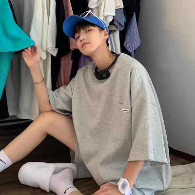 套装~子俊潮牌华夫格短袖T恤宽松半袖直筒阔腿休闲五分裤运动套装