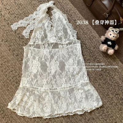 叠穿神器春秋新款性感辣妹风蕾丝花边挂脖吊带内搭打底衫镂空上衣