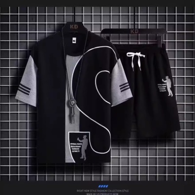 2023港风夏季韩版运动套装男生宽松T恤学生短袖简约五分裤高级感