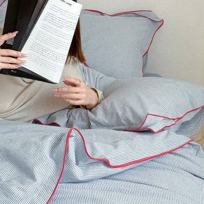 ins风密拷边全棉水洗棉条纹四件套纯棉被套床单亲肤裸睡床上用品