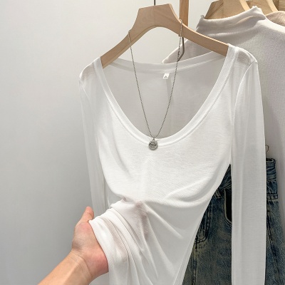天丝亲肤薄款微透修身纯欲辣妹白色u领防晒打底罩衫T恤女早秋上衣
