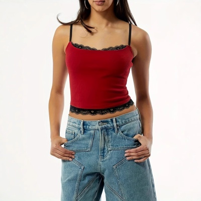 欧美女装亚马逊2025年春夏季新款辣妹纯色蕾丝性感吊带小背心上衣