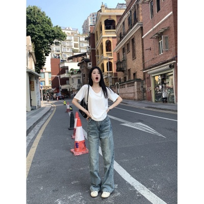 慵懒纯棉正肩白色v领短袖t恤女夏季内搭打底衫宽松显瘦体恤上衣