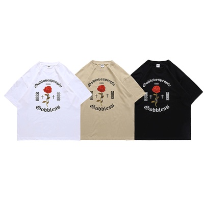 VIVGAE小众设计复古玫瑰哥特风印花短袖T恤个性炸街潮牌宽松男装